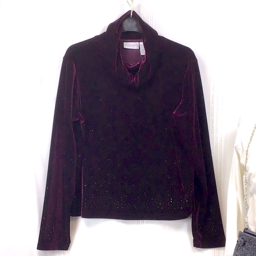 🍇Jaclyn Smith Purple Stretch Velvet Rhinestone Cowl-Neck Top - Picture 3 of 9
